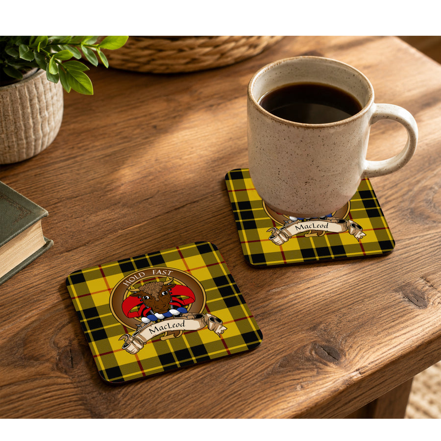 MacLeod Scottish Clan Crest Rubber Coasters - Brown Design Set of 4