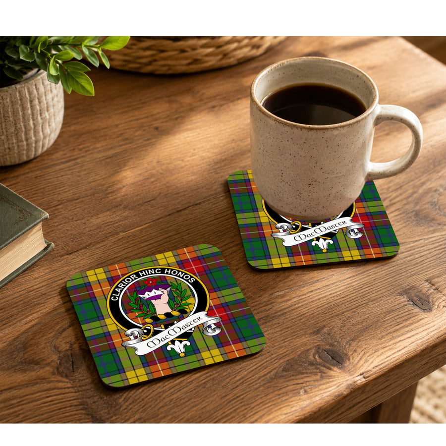 MacMaster Scottish Clan Crest Rubber Coasters - Black Design Set of 4
