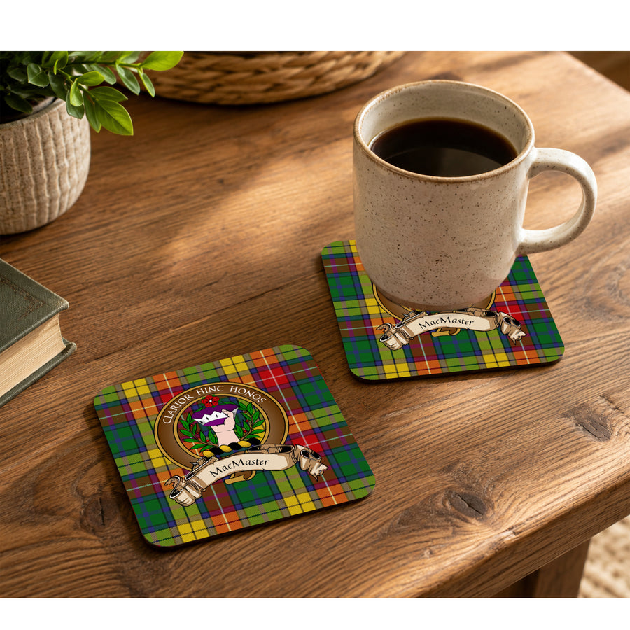 MacMaster Scottish Clan Crest Rubber Coasters - Brown Design Set of 4