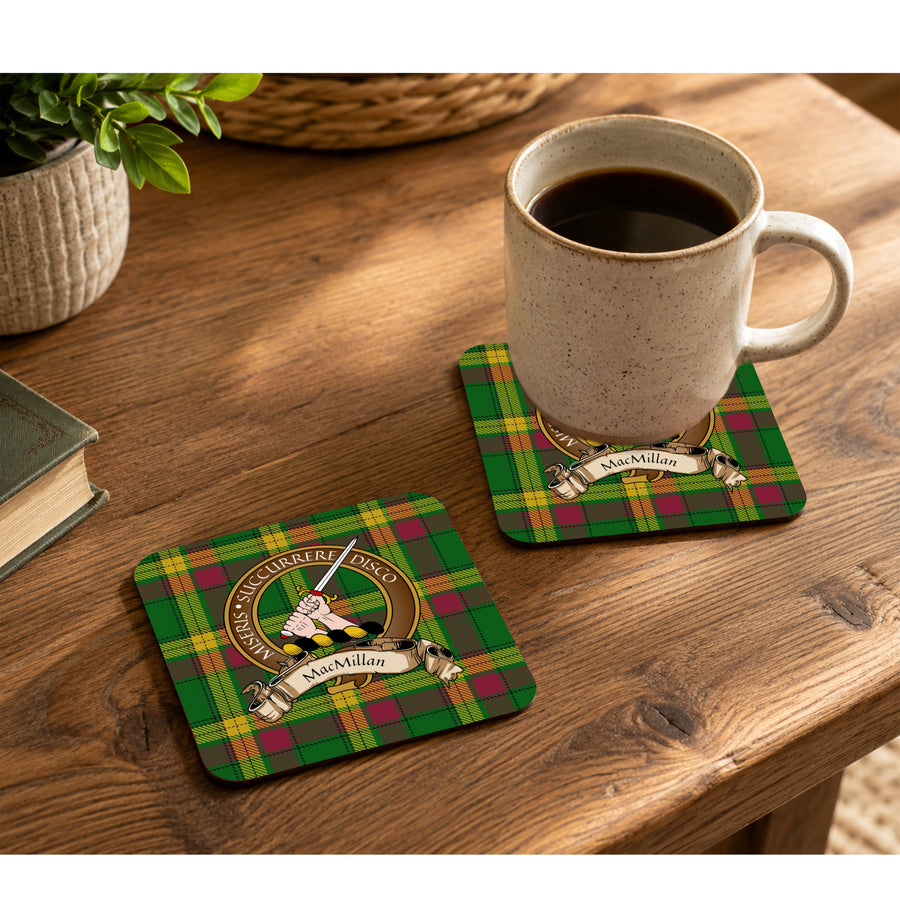 MacMillan Scottish Clan Crest Rubber Coasters - Brown Design Set of 4