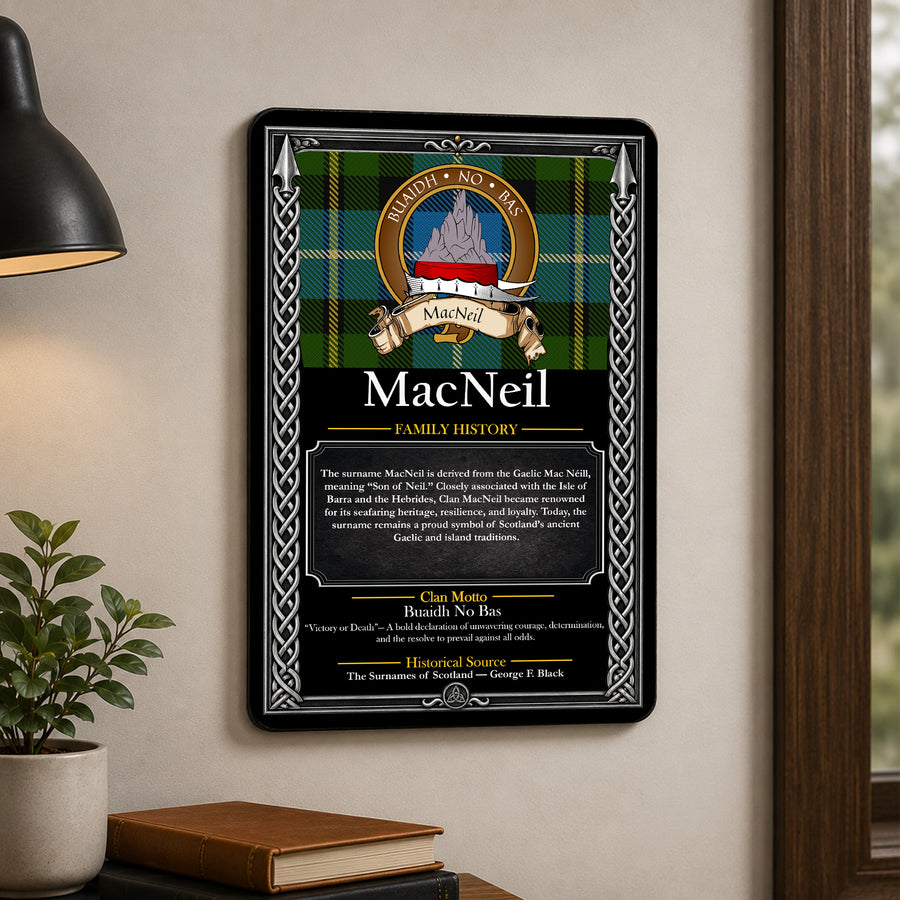 MacNeil Scottish Family History Metal Sign – Brown Crest