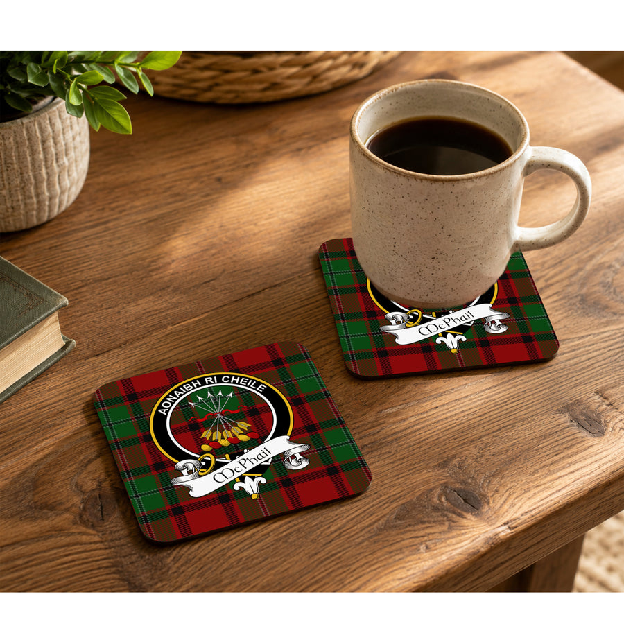 MacPhail Scottish Clan Crest Rubber Coasters - Black Design Set of 4