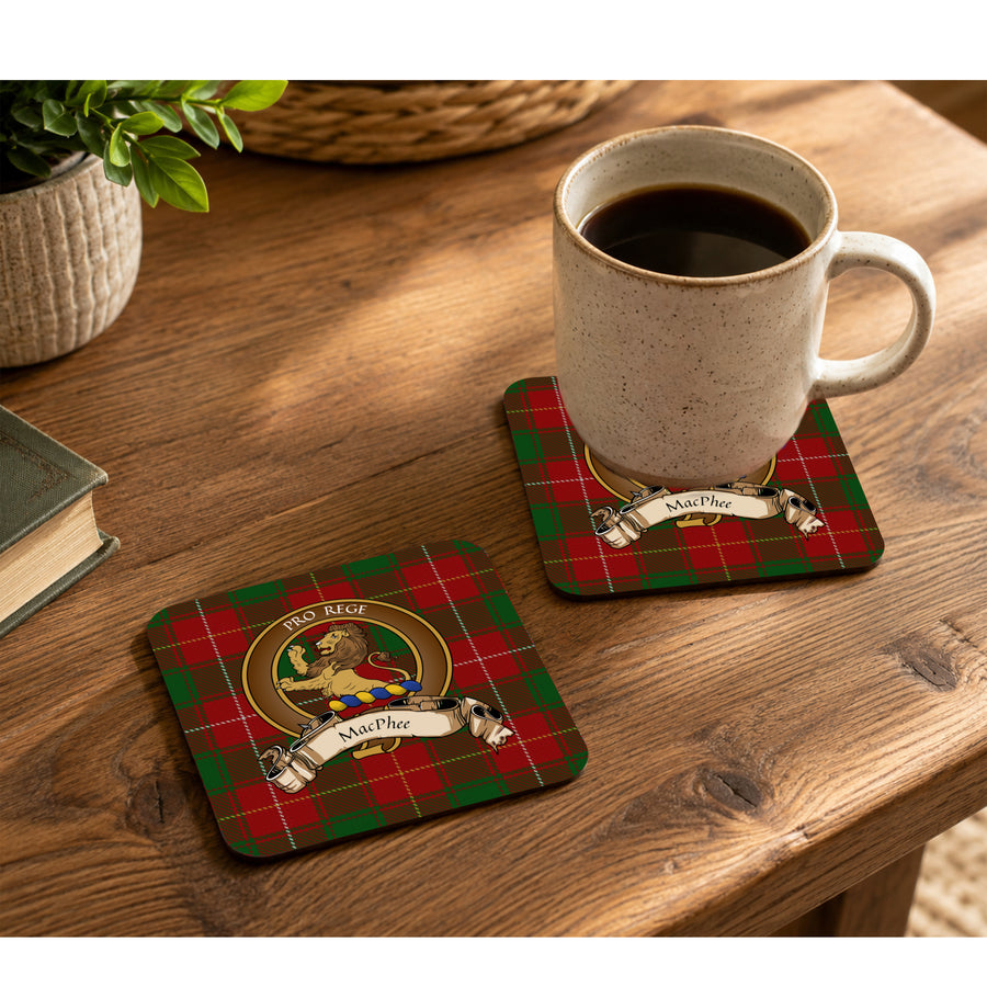 MacPhee Scottish Clan Crest Rubber Coasters - Brown Design Set of 4
