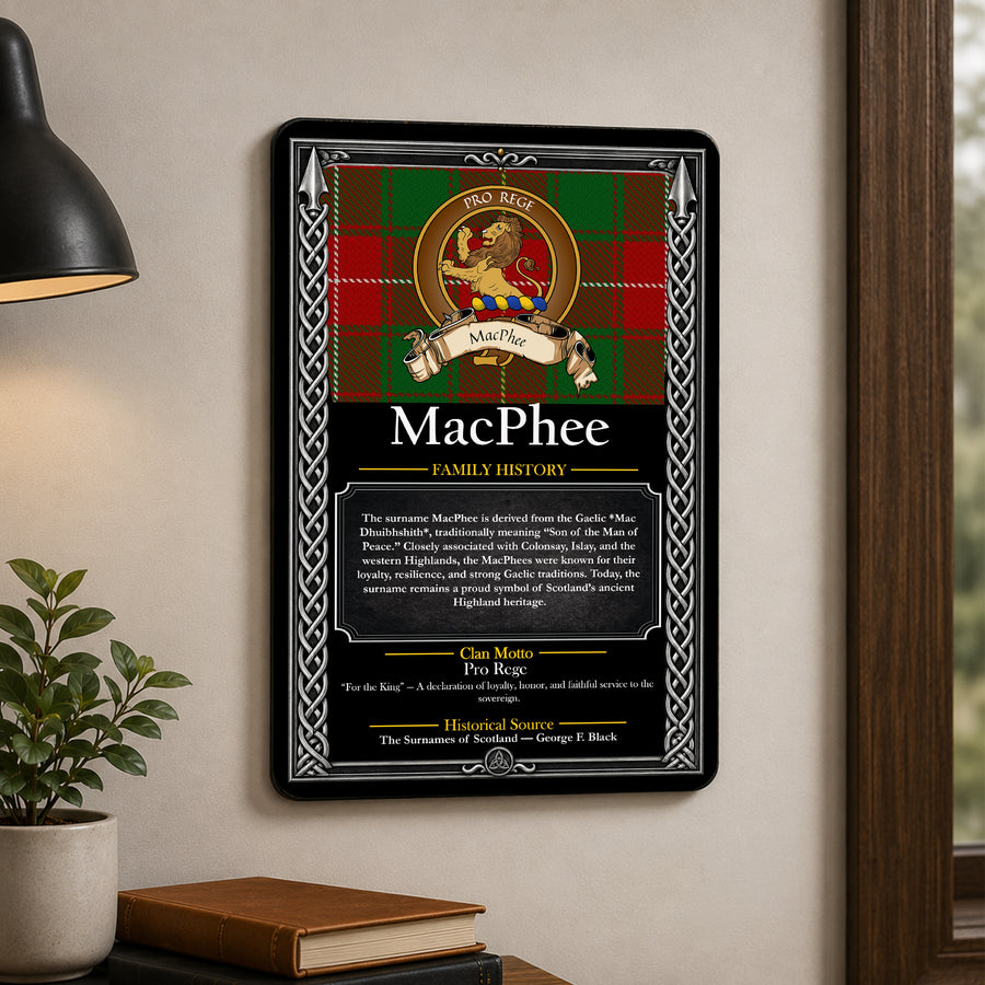 MacPhee Scottish Family History Metal Sign – Brown Crest