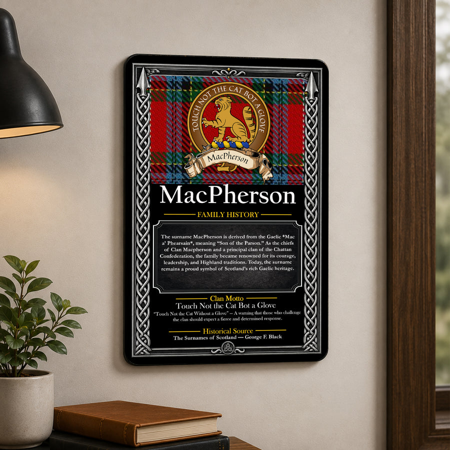 MacPherson Scottish Family History Metal Sign – Brown Crest