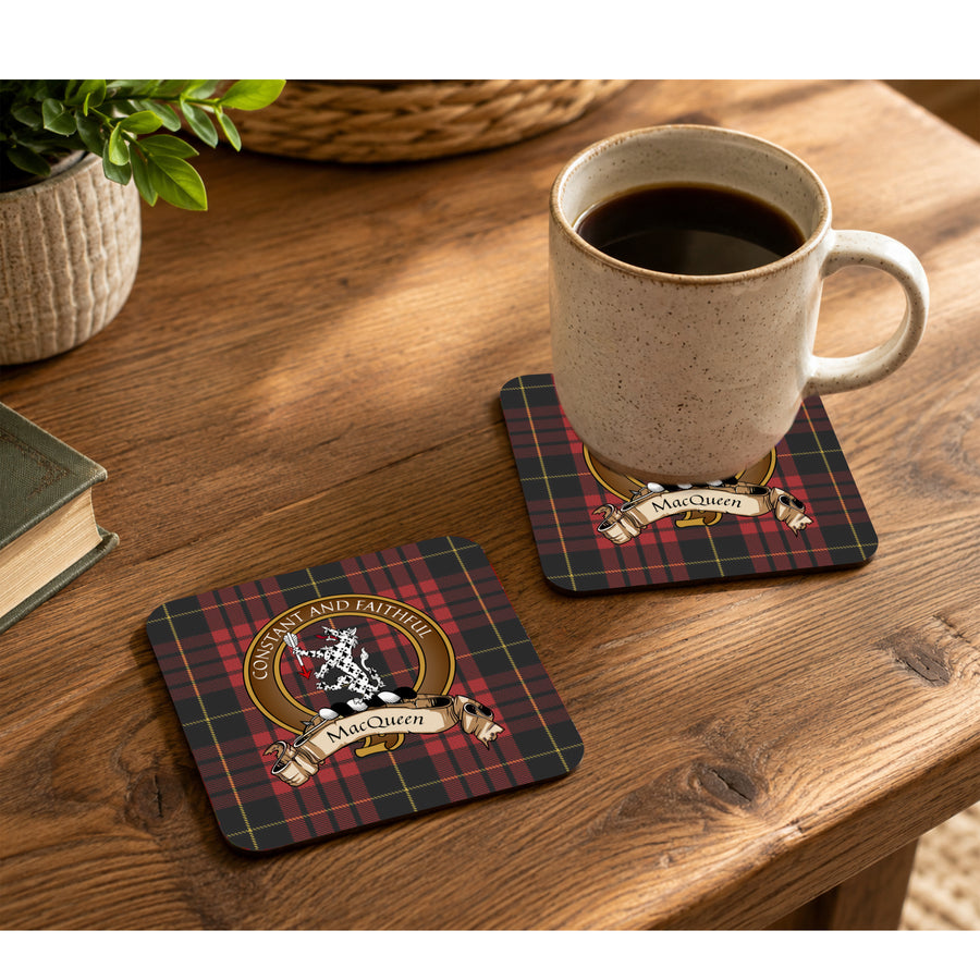 MacQueen Scottish Clan Crest Rubber Coasters - Brown Design Set of 4