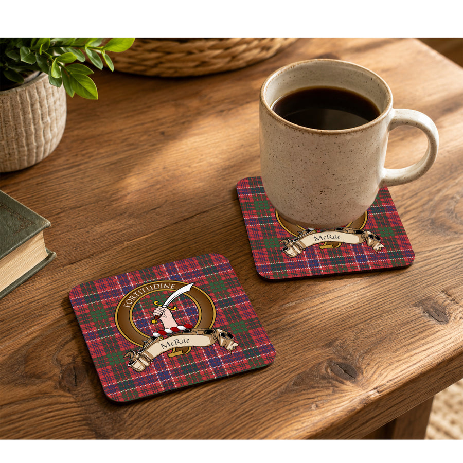 MacRae Scottish Clan Crest Rubber Coasters - Brown Design Set of 4