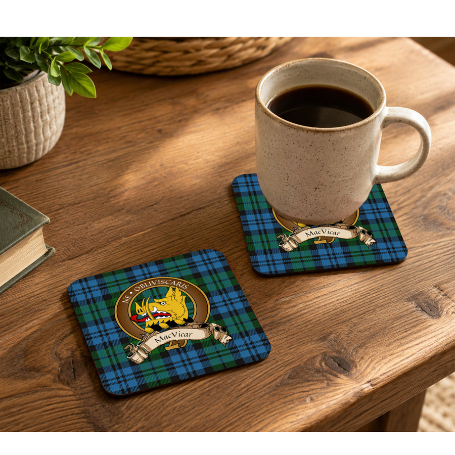 MacVicar Scottish Clan Crest Rubber Coasters - Brown Design Set of 4