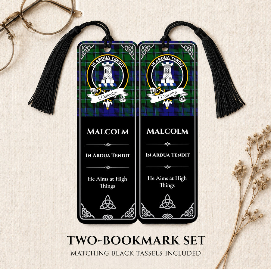 Malcolm Scottish Clan Crest Metal Bookmarks – Black Set of 2