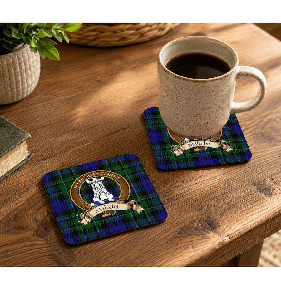 Malcolm Scottish Clan Crest Rubber Coasters - Brown Design Set of 4
