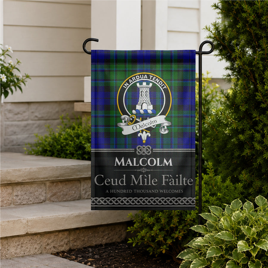 Malcolm Scottish Clan Crest Garden Flag - Black Design