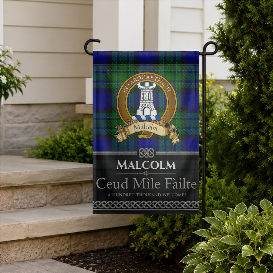 Malcolm Scottish Clan Crest Garden Flag - Brown Design