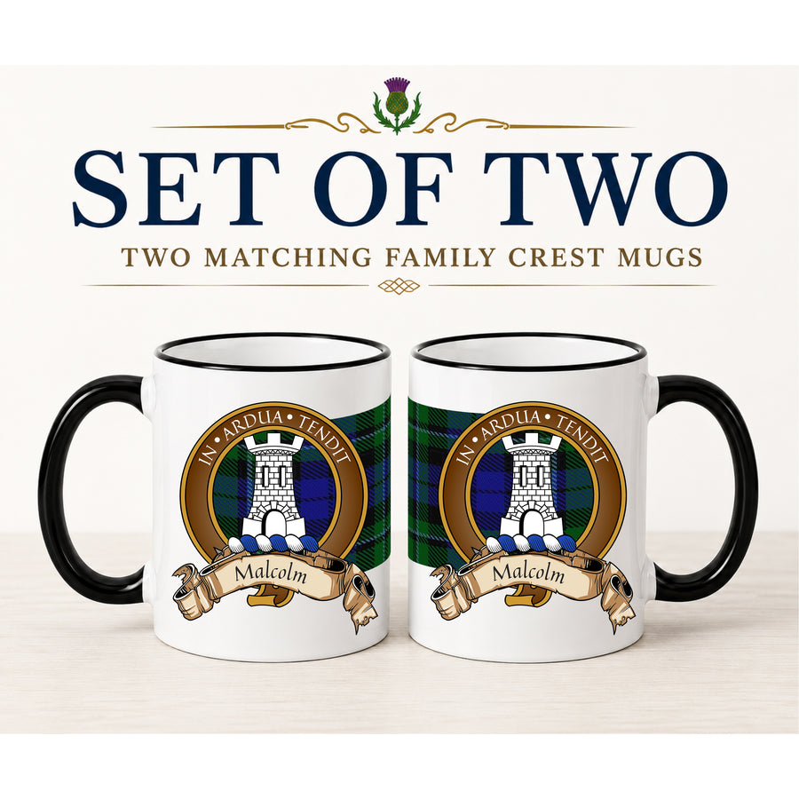 Malcolm Scottish Clan Crest 11 oz Mugs – Brown Crest Design | Set of 2