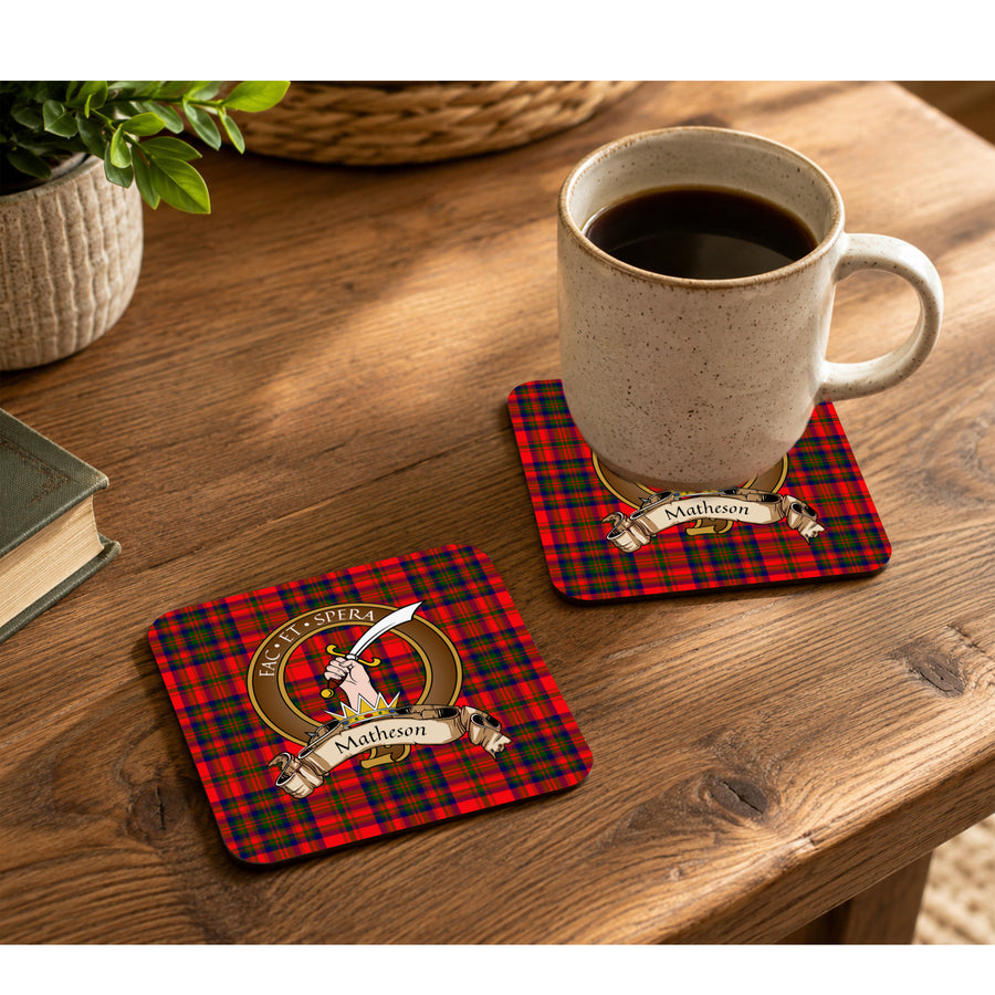 Matheson Scottish Clan Crest Rubber Coasters - Brown Design Set of 4