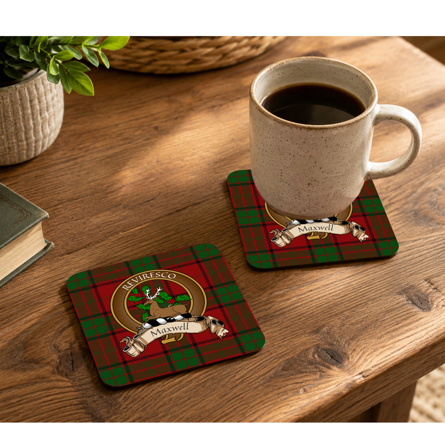 Maxwell Scottish Clan Crest Rubber Coasters - Brown Design Set of 4