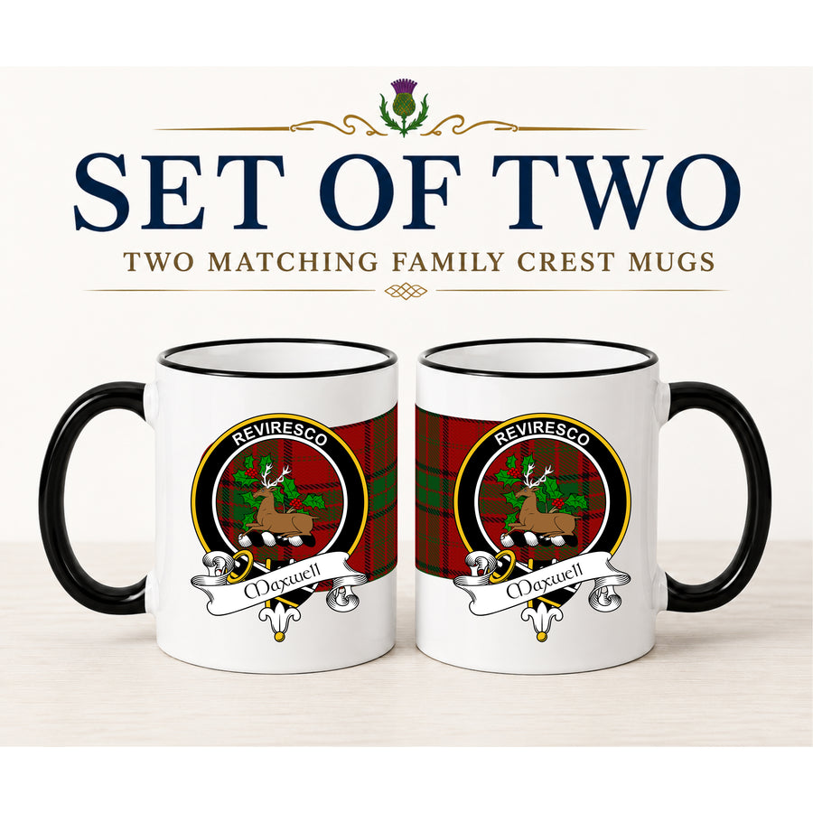 Maxwell Scottish Clan Crest 11 oz Mugs – Black Crest Design | Set of 2