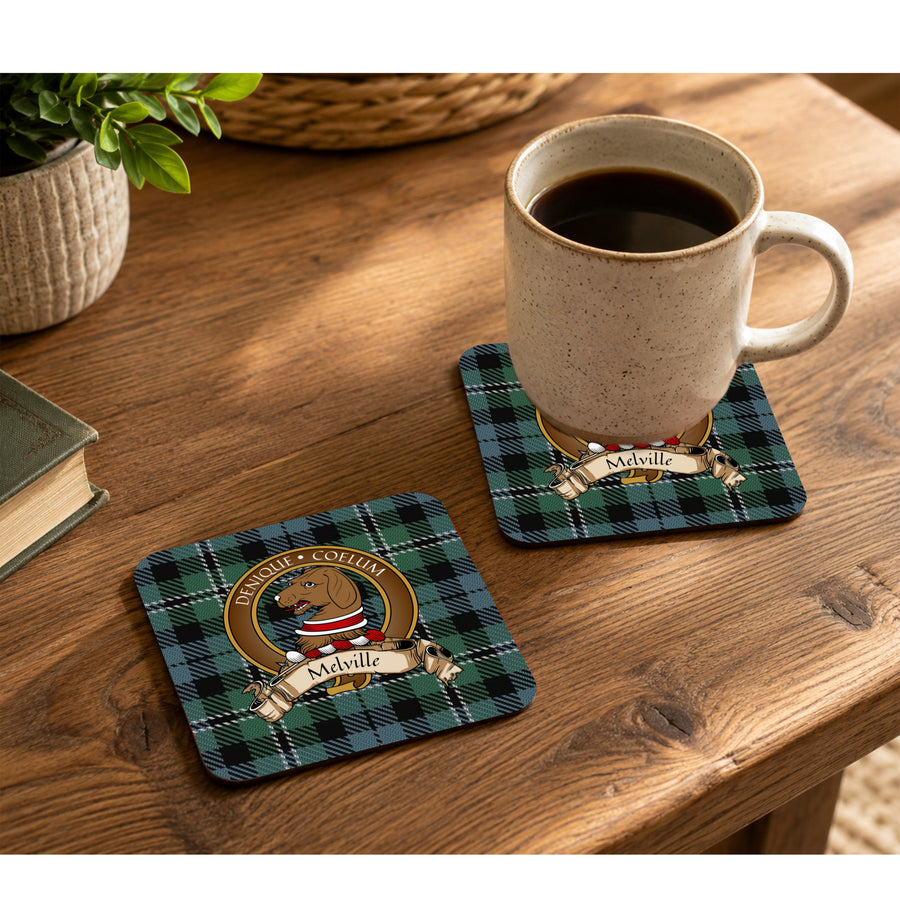 Melville Scottish Clan Crest Rubber Coasters - Brown Design Set of 4