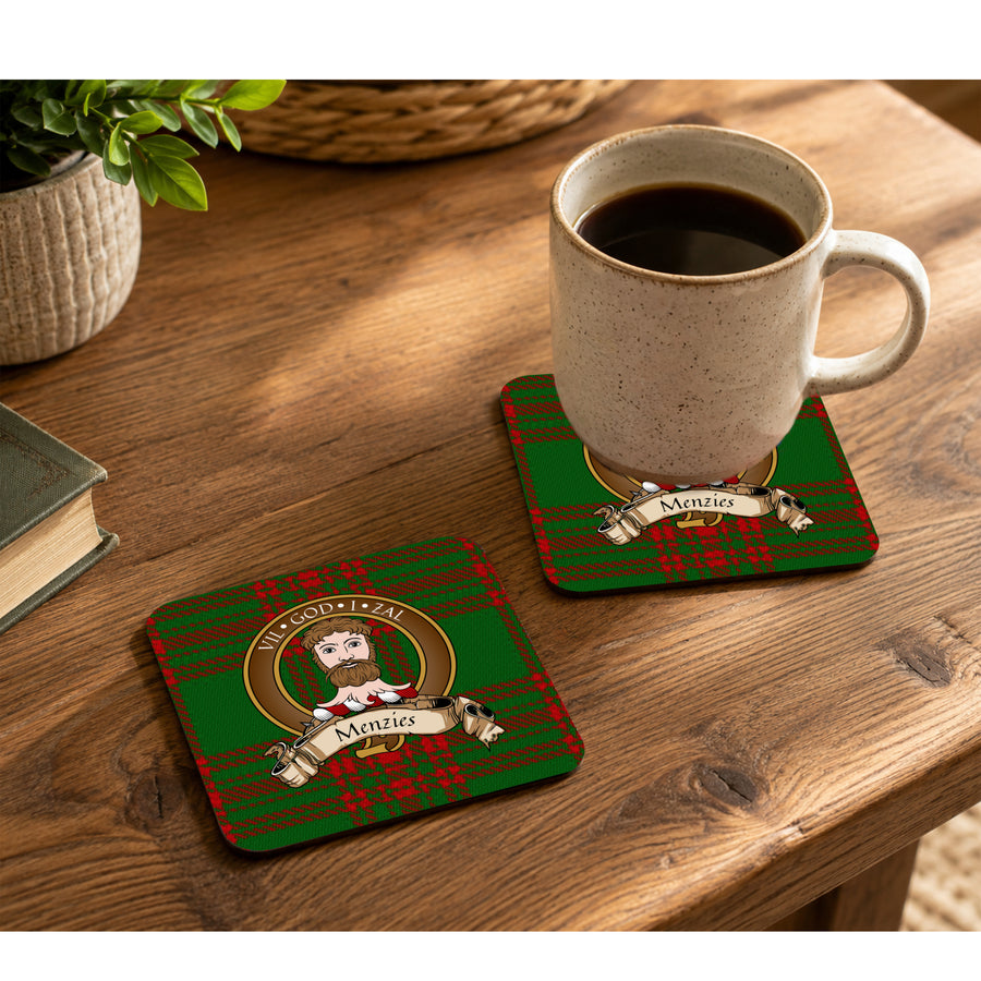 Menzies Scottish Clan Crest Rubber Coasters - Brown Design Set of 4