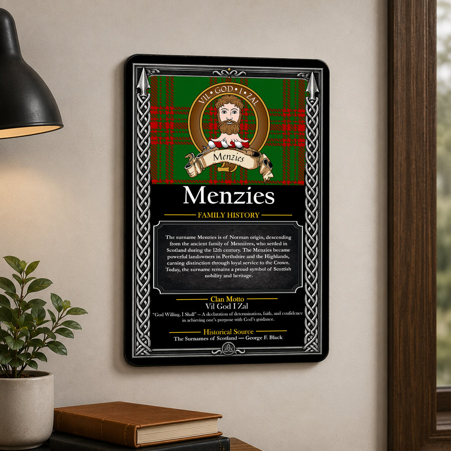 Menzies Scottish Family History Metal Sign – Brown Crest