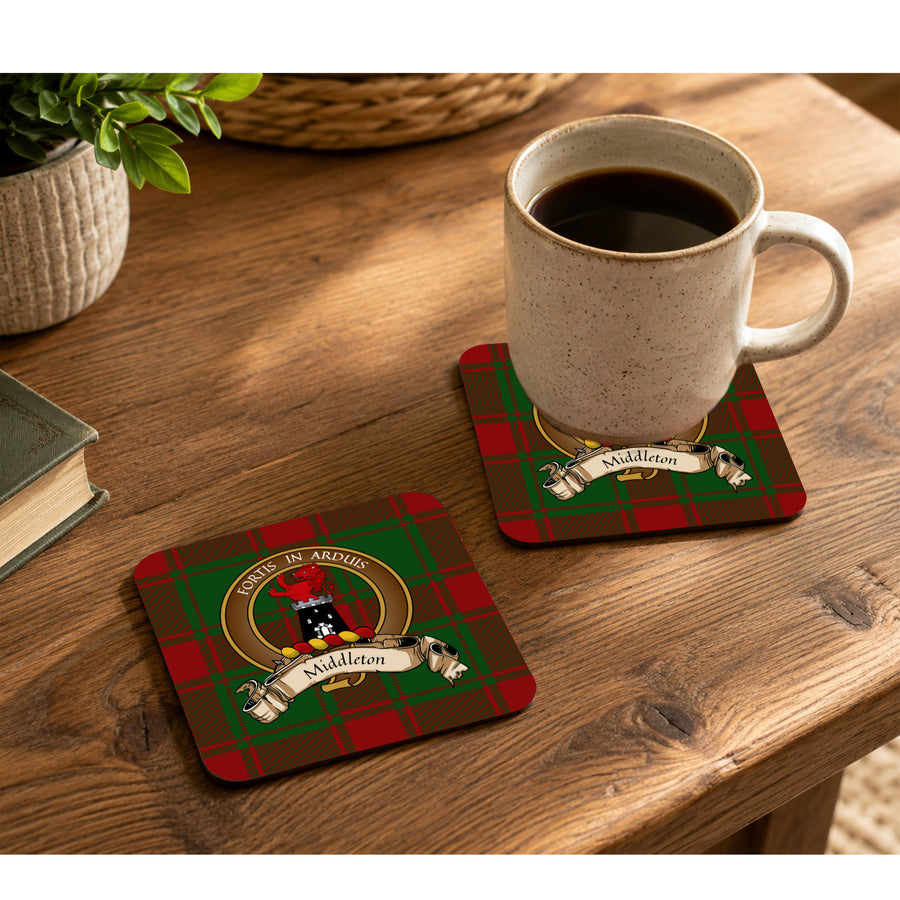 Middleton Scottish Clan Crest Rubber Coasters - Brown Design Set of 4