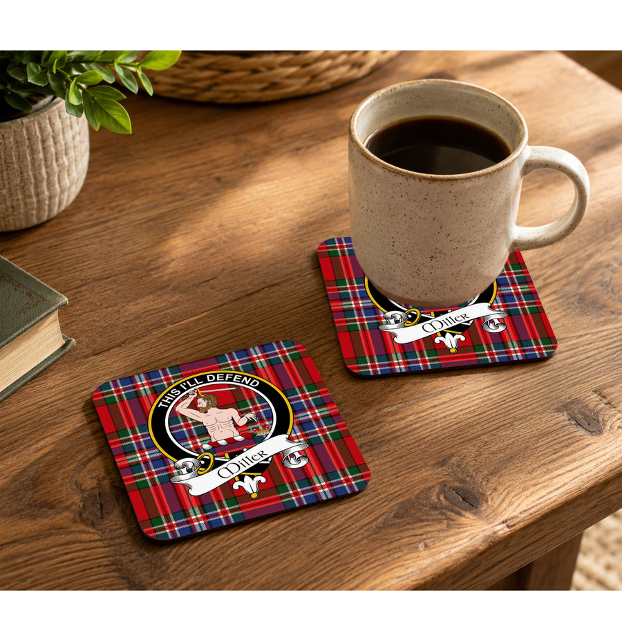 Miller Scottish Clan Crest Rubber Coasters - Black Design Set of 4