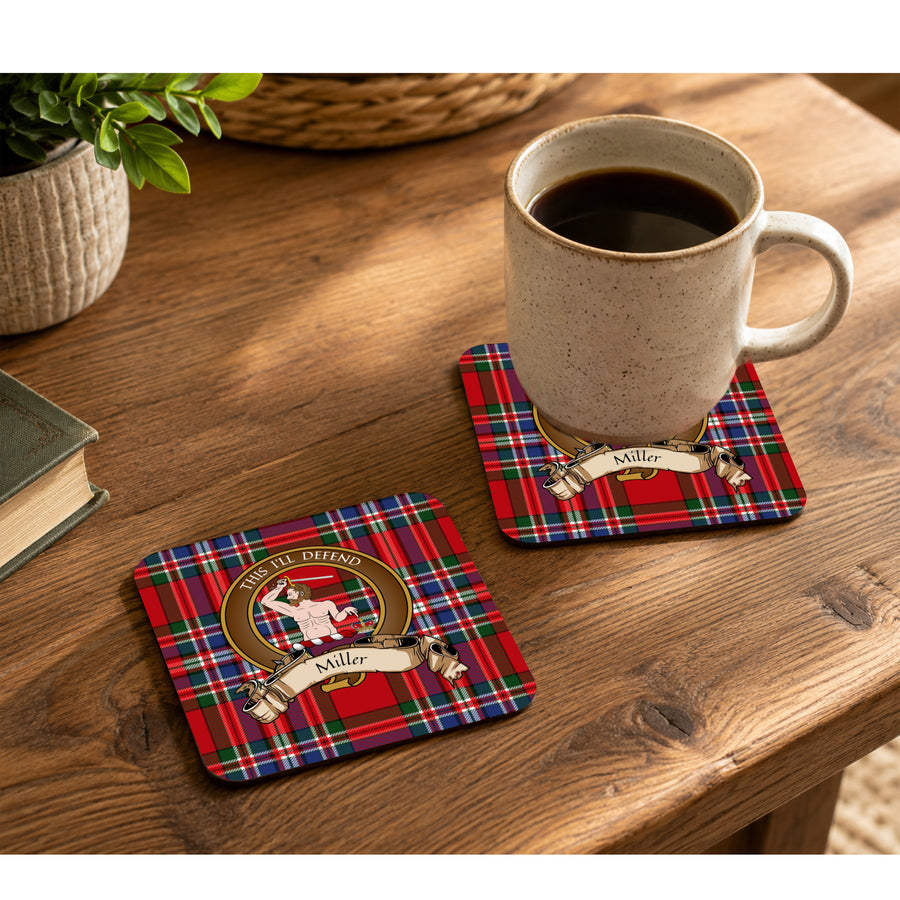 Miller Scottish Clan Crest Rubber Coasters - Brown Design Set of 4