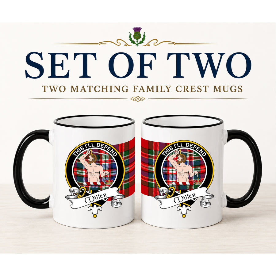 Miller Scottish Clan Crest 11 oz Mugs – Black Crest Design | Set of 2