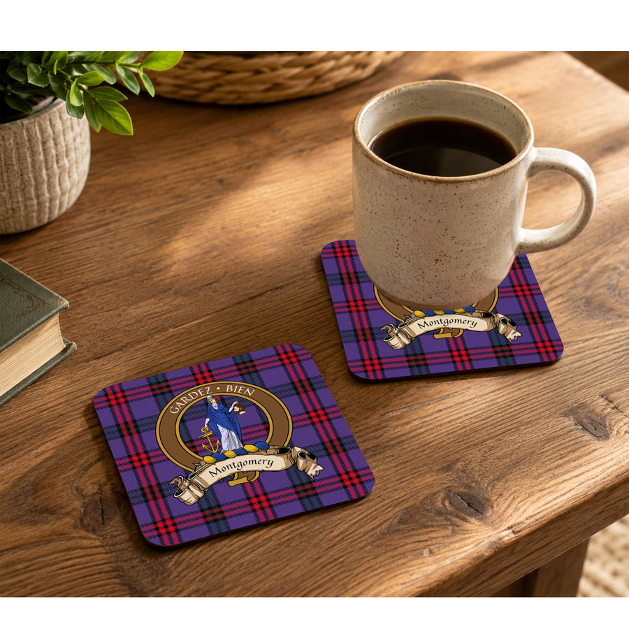Montgomery Scottish Clan Crest Rubber Coasters - Brown Design Set of 4