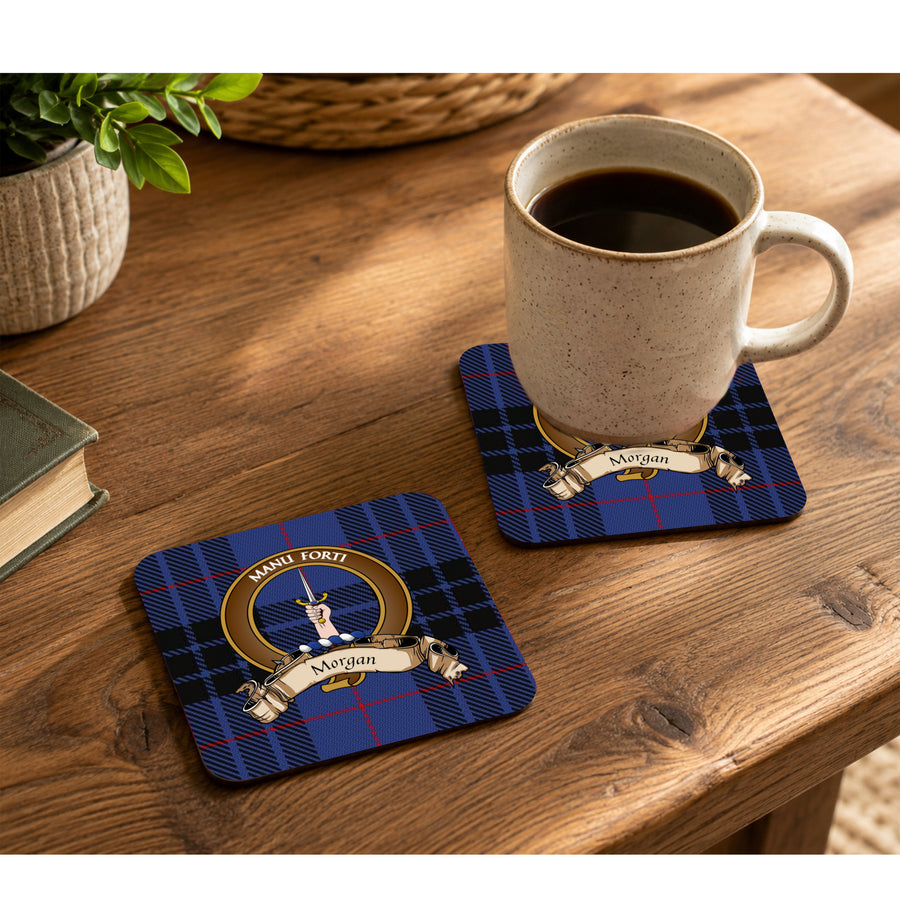 Morgan Scottish Clan Crest Rubber Coasters - Brown Design Set of 4