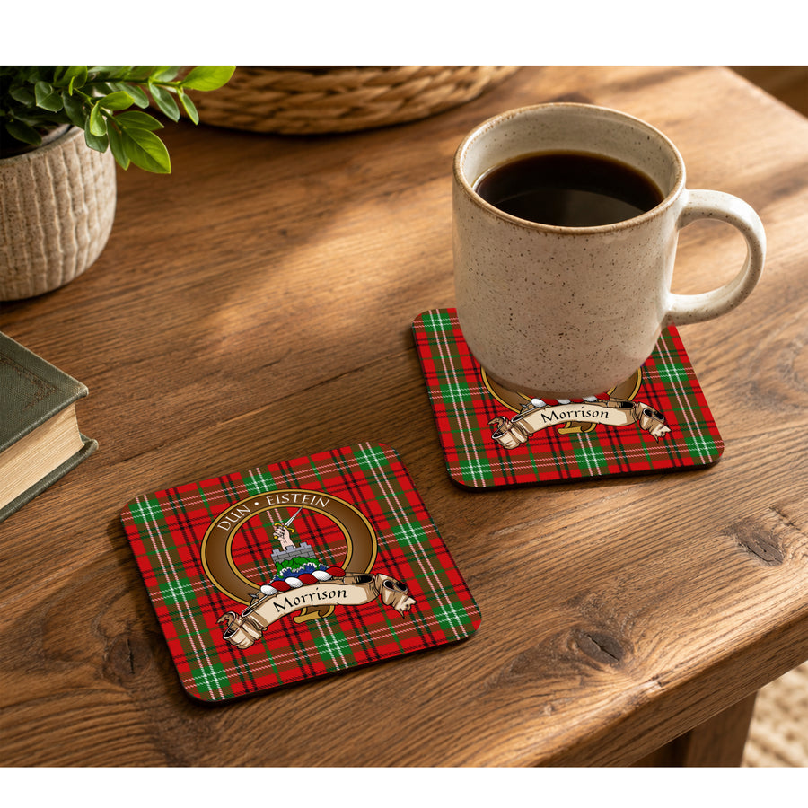Morrison Scottish Clan Crest Rubber Coasters - Brown Design Set of 4