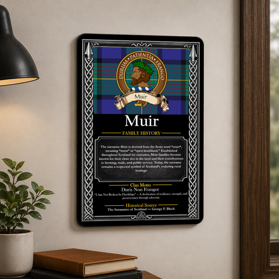 Muir Scottish Family History Metal Sign – Brown Crest