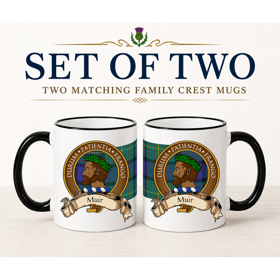 Muir Scottish Clan Crest 11 oz Mugs – Brown Crest Design | Set of 2