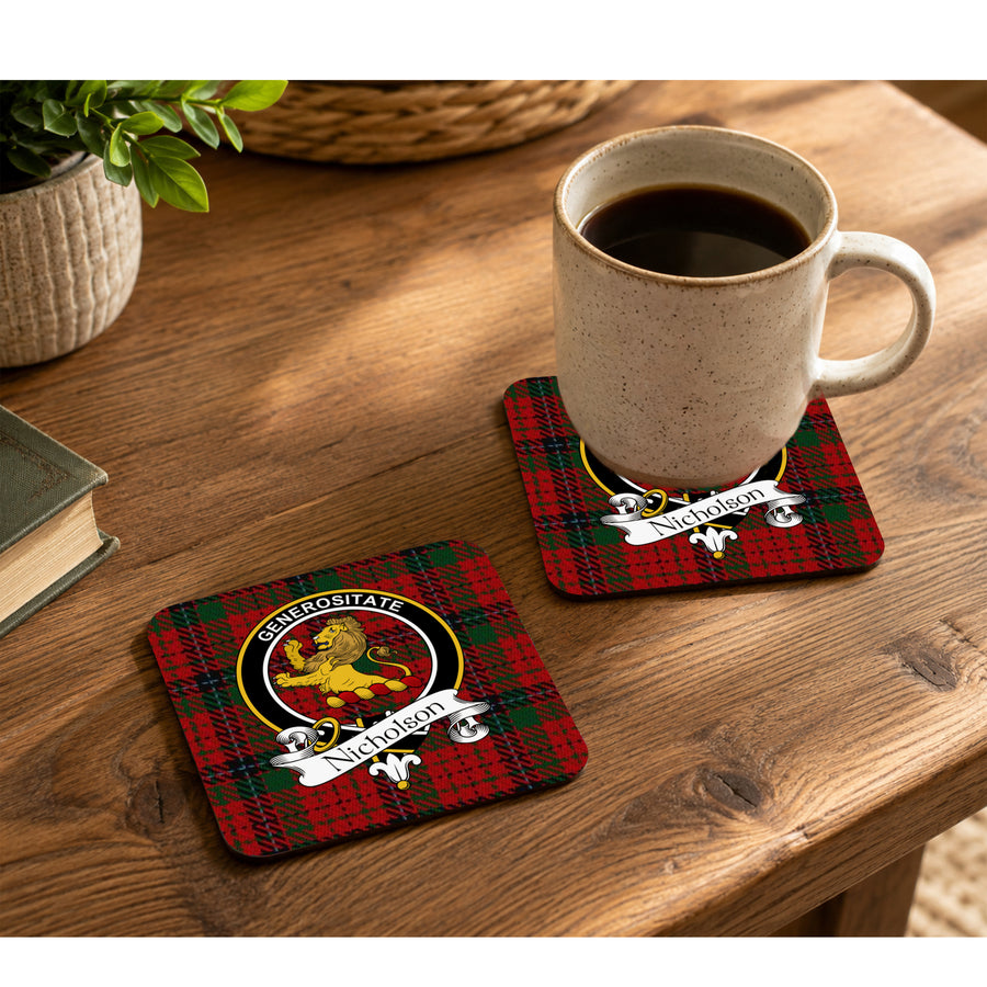 Nicholson Scottish Clan Crest Rubber Coasters - Black Design Set of 4
