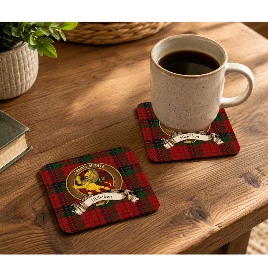 Nicholson Scottish Clan Crest Rubber Coasters - Brown Design Set of 4