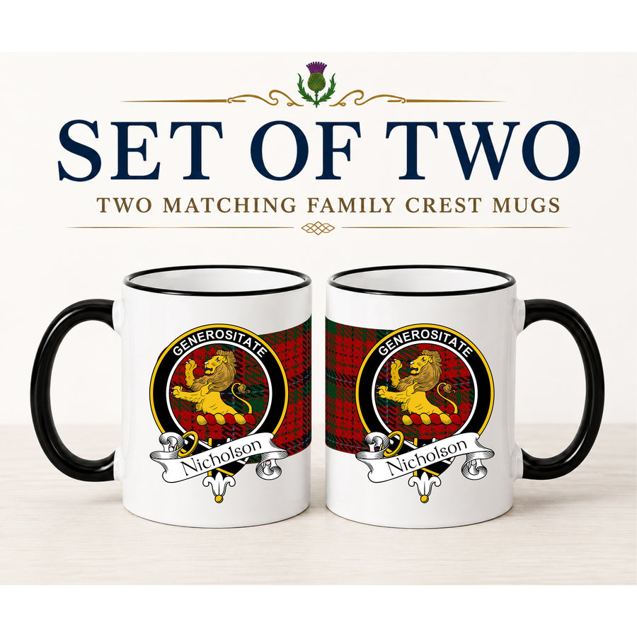 Nicholson Scottish Clan Crest 11 oz Mugs – Black Crest Design | Set of 2