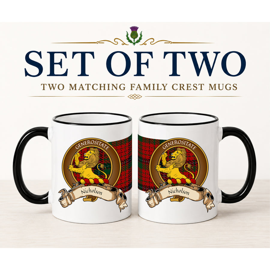 Nicholson Scottish Clan Crest 11 oz Mugs – Brown Crest Design | Set of 2