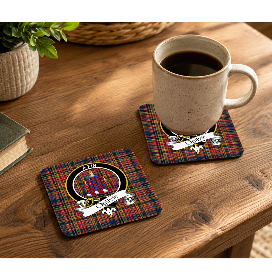 Ogilvie Scottish Clan Crest Rubber Coasters - Black Design Set of 4