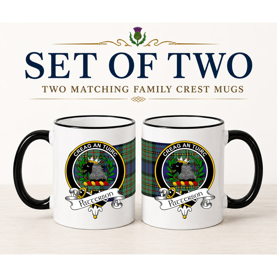 Patterson Scottish Clan Crest 11 oz Mugs – Black Crest Design | Set of 2