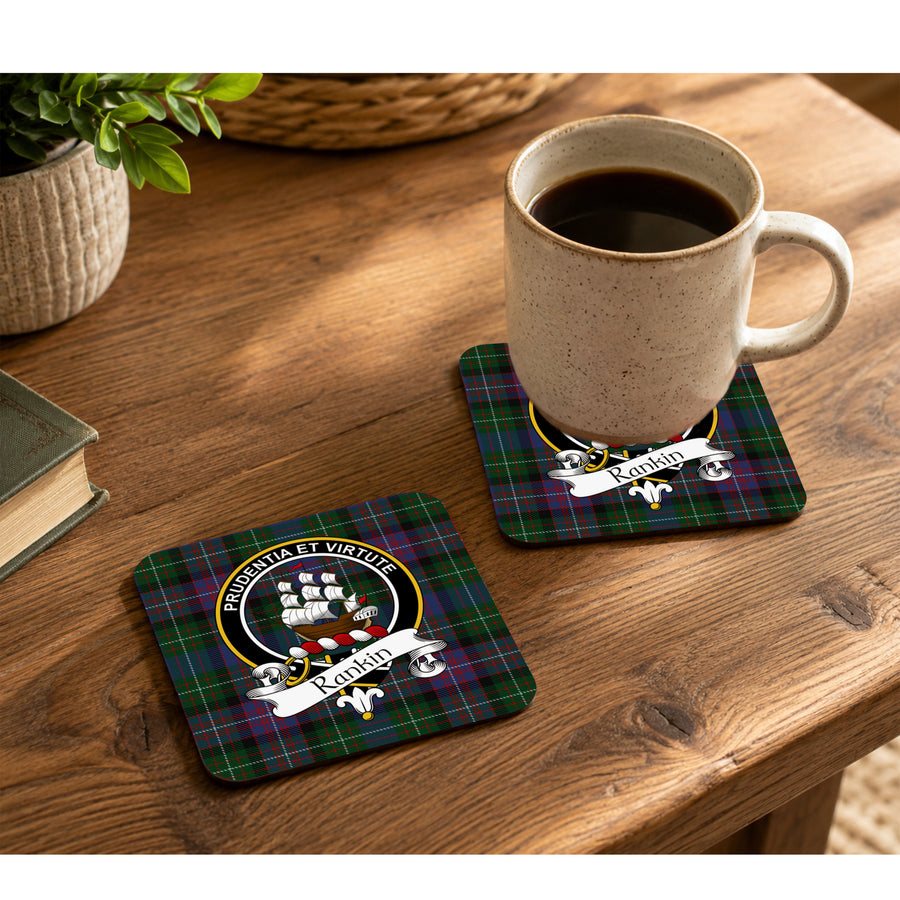 Rankin Scottish Clan Crest Rubber Coasters - Black Design Set of 4