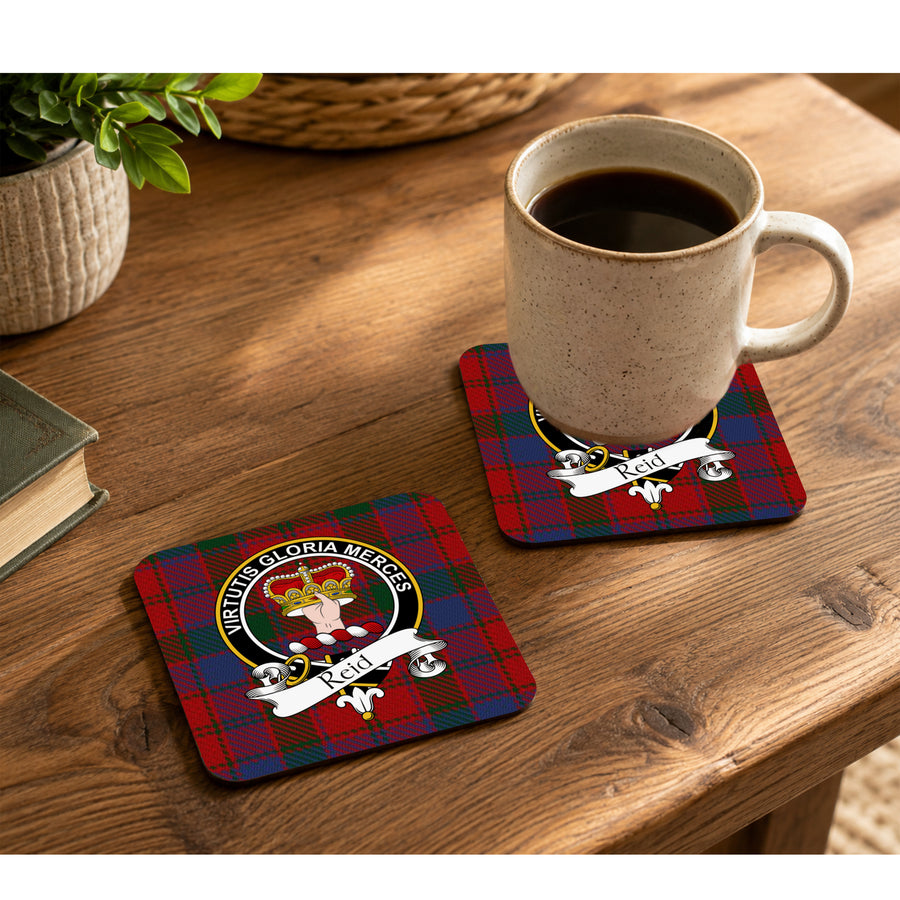 Reid Scottish Clan Crest Rubber Coasters - Black Design Set of 4