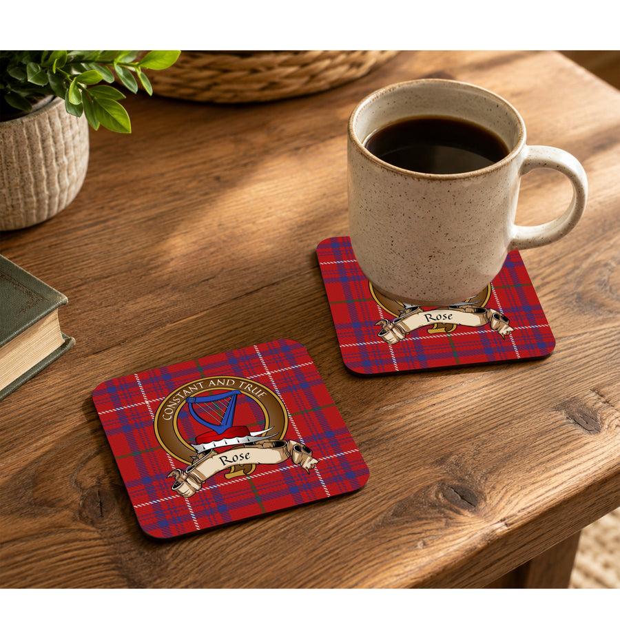 Rose Scottish Clan Crest Rubber Coasters - Brown Design Set of 4