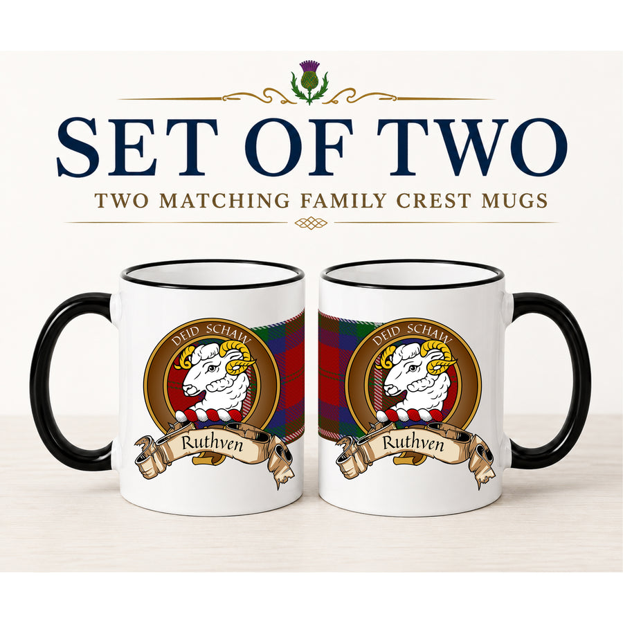 Ruthven Scottish Clan Crest 11 oz Mugs – Brown Crest Design | Set of 2