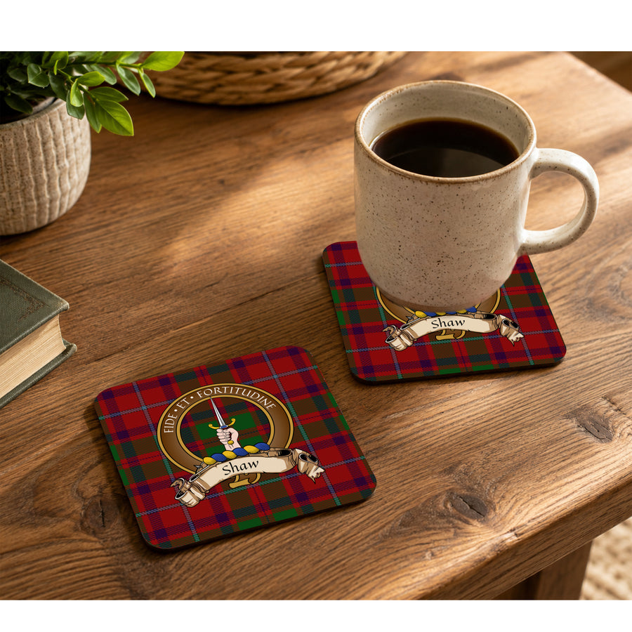 Shaw Scottish Clan Crest Rubber Coasters - Brown Design Set of 4