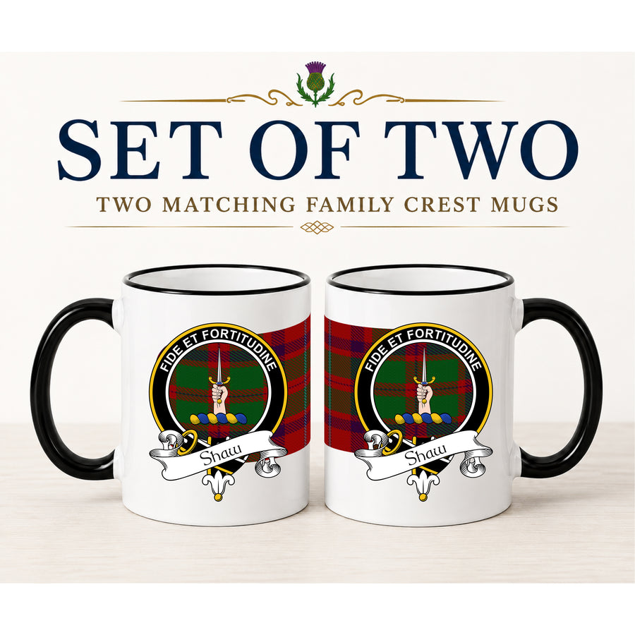 Shaw Scottish Clan Crest 11 oz Mugs – Black Crest Design | Set of 2