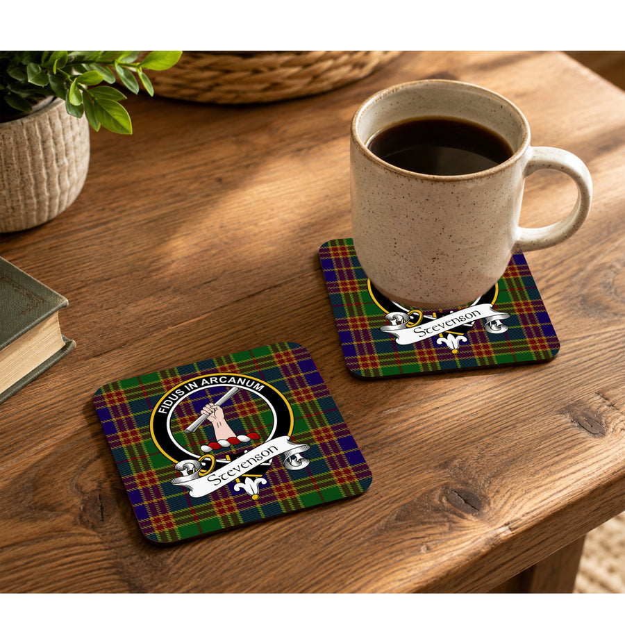 Stevenson Scottish Clan Crest Rubber Coasters - Black Design Set of 4