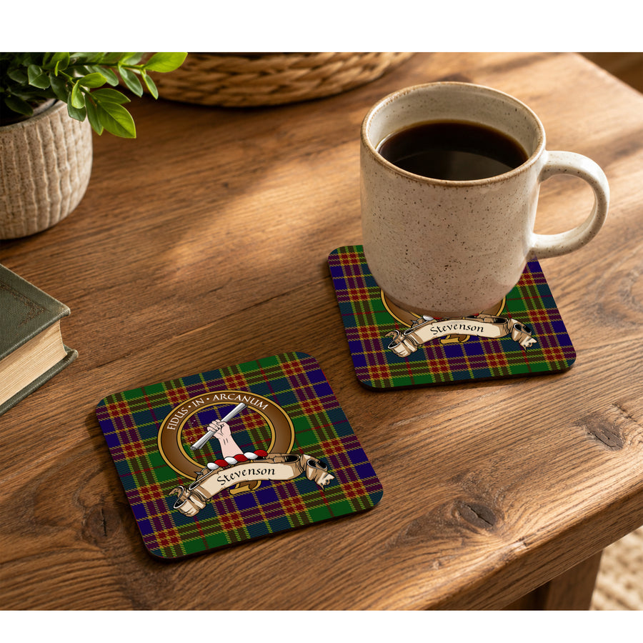 Stevenson Scottish Clan Crest Rubber Coasters - Brown Design Set of 4