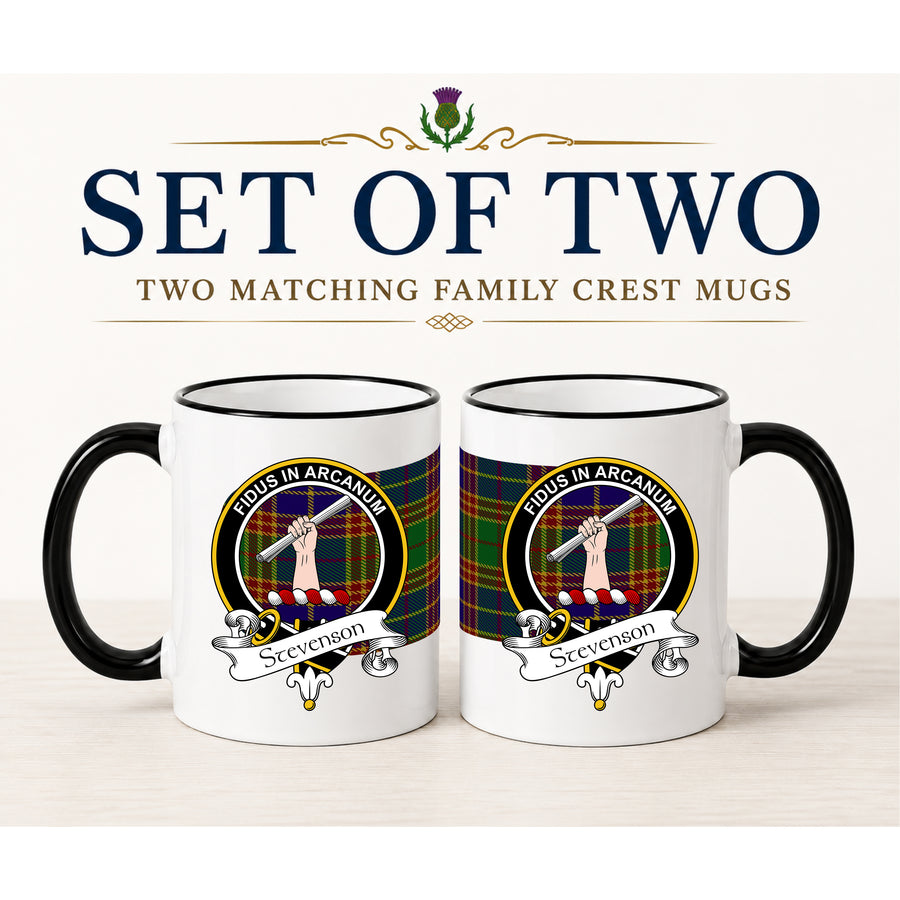 Stevenson Scottish Clan Crest 11 oz Mugs – Black Crest Design | Set of 2