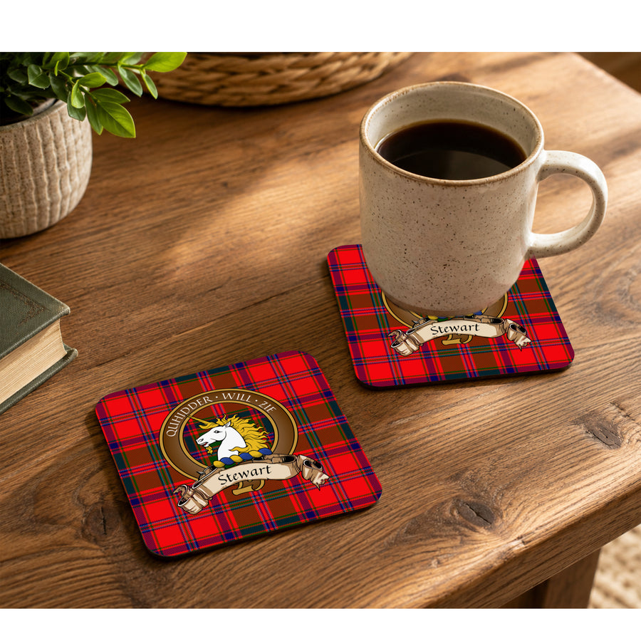 Stewart Scottish Clan Crest Rubber Coasters - Brown Design Set of 4