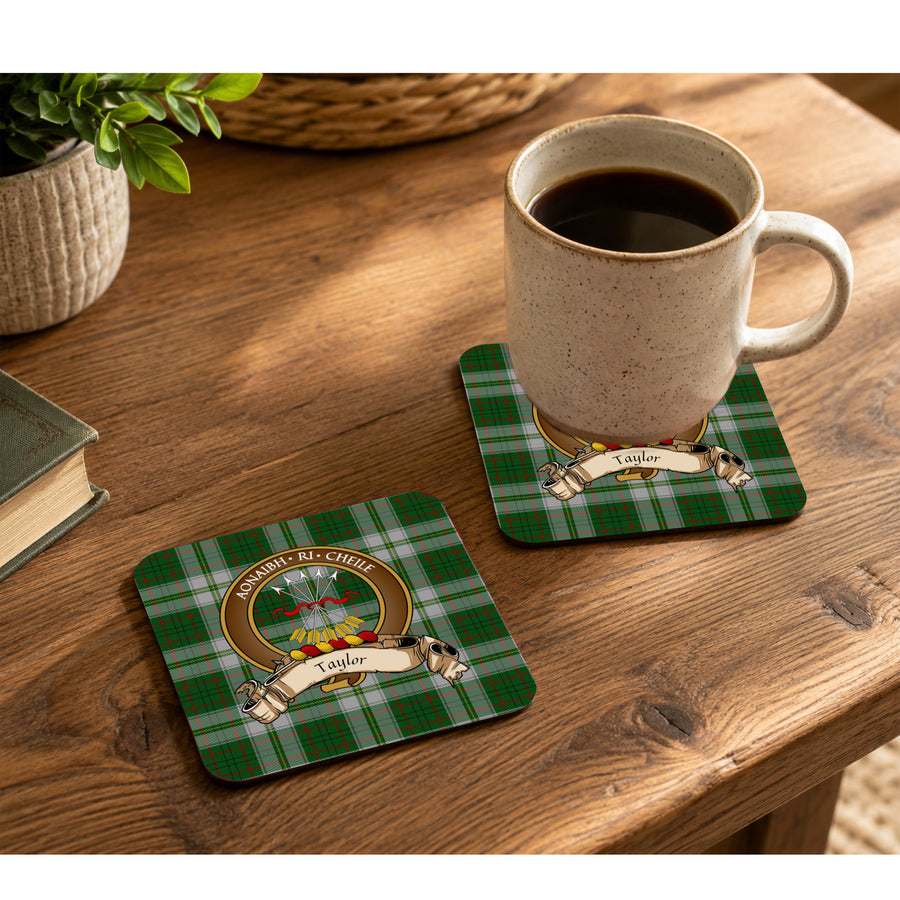 Taylor Scottish Clan Crest Rubber Coasters - Brown Design Set of 4