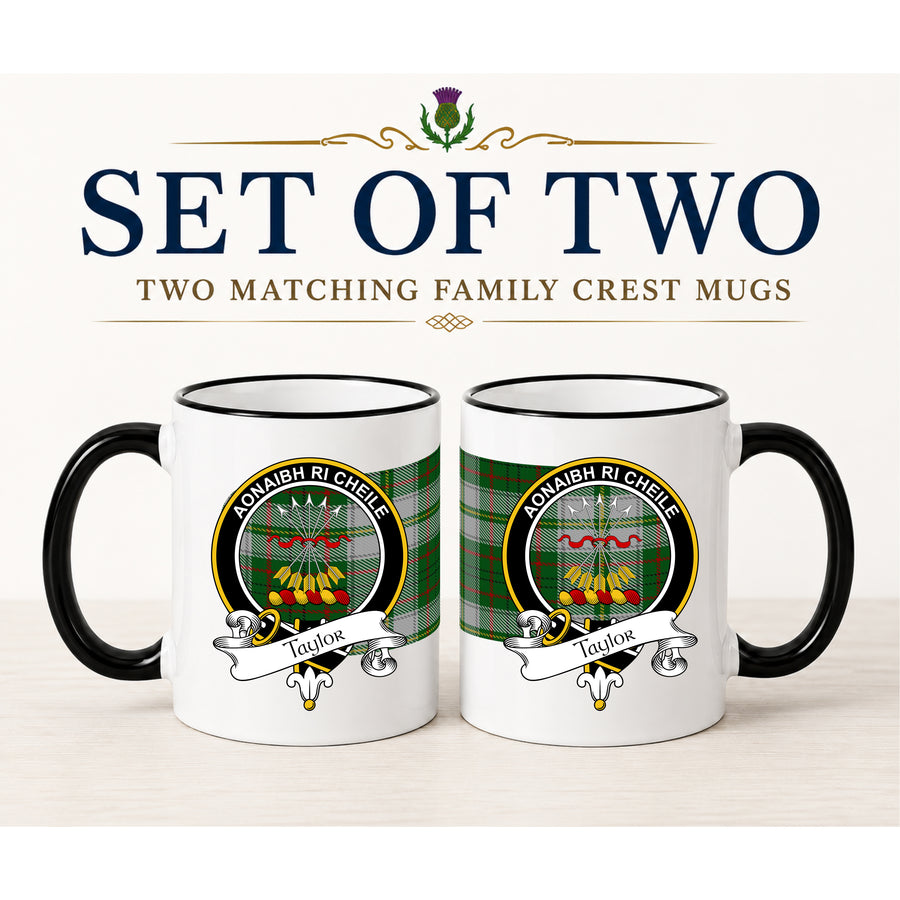 Taylor Scottish Clan Crest 11 oz Mugs – Black Crest Design | Set of 2